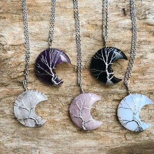 Silver Wire Wrapped Crescent Moon Tree of Life Pendant
