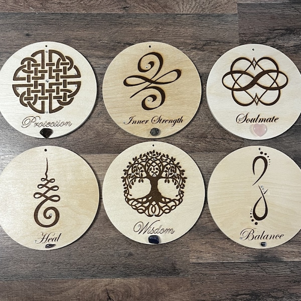 Wood Burned Celtic Symbols  Intention Wall Hanging Circles with Crystal