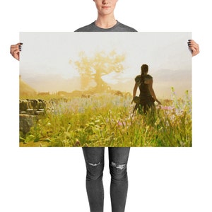 May include: A silhouette of a person walking through a field of tall grass and wildflowers towards a large, golden tree in the distance. The sky is a soft, pale yellow, and the sun is shining brightly.