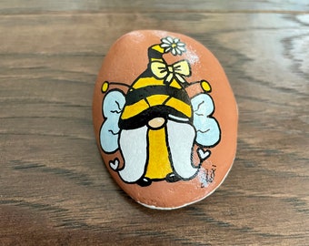 Bee Scandinavian Gnome, Hand Painted Rock, Mother's Day Gift, Kindness Rocks, Stone Art, Unique Small Gift, Garden Art, Home Decor