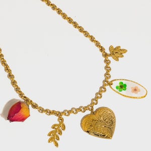 May include: A gold-colored necklace with multiple charms. The charms include a heart-shaped locket, a leaf, a sprig, and an oval pendant with flowers. A dried rose petal is also attached to the chain.