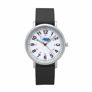 May include: A silver and black wristwatch with a white face and red numbers. The watch face has a 24-hour clock and the logo "ASA elech" in the center.