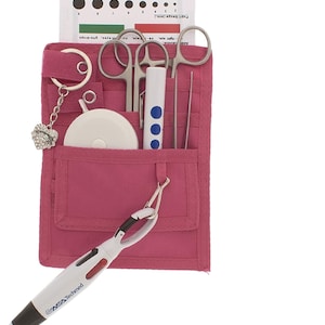 4 Pockets Nurse Organizer Pouch w/Stainless Silver+White Tools-Medical Instrument Organizer with Lister Scissors,LED Penlight,Eye Chart+More