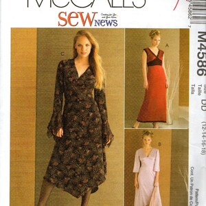 May include: Sewing pattern McCall's M4586 for a dress in sizes 12-14-16-18. The pattern includes three different styles: a long-sleeved dress with a floral print, a sleeveless dress with a red bodice and black skirt, and a long-sleeved dress with a lavender bodice and a white skirt.