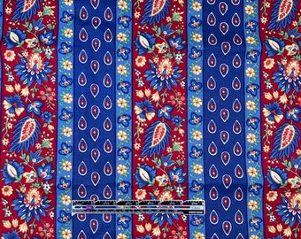 French Country Fabric- Blue and Red Stripe