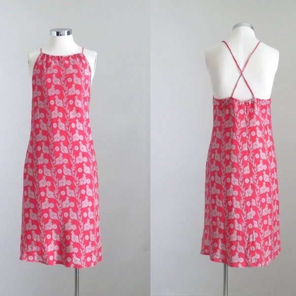 Vintage GAP Dress, Womens 90s Bandana Dress, Apron Dress, Silk Dress, Silk Midi Dress, Bias Cut Dress, Halter Dress, Summer Print Dress, XS