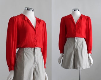 Red Silk Blouse, Womens Red Silk Shirt, Silk Button Down, Vintage Blouse, Puff Sleeve Shirt, Mandarin Collar Blouse, Crepe Blouse, XS Small