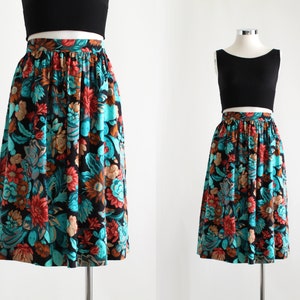Vintage Circle Skirt, Womens Floral Skirt, Pleated Skirt, 80s Printed Skirt, Black Red Teal Knee Skirt, Colorful Skirt, Fits 27.5&quot; Waist, XS