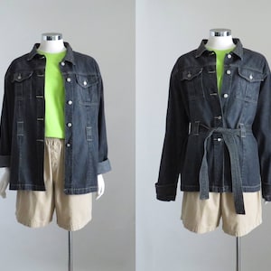 Belted Denim Jacket, Womens Black Jean Jacket, 90s Aesthetic Contrast Stitch Black Denim Jacket, Denim Trenchcoat, Y2K Trench Coat, Medium
