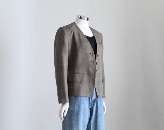 Brown Plaid Blazer, Women Collarless Blazer, Vint… - image 4