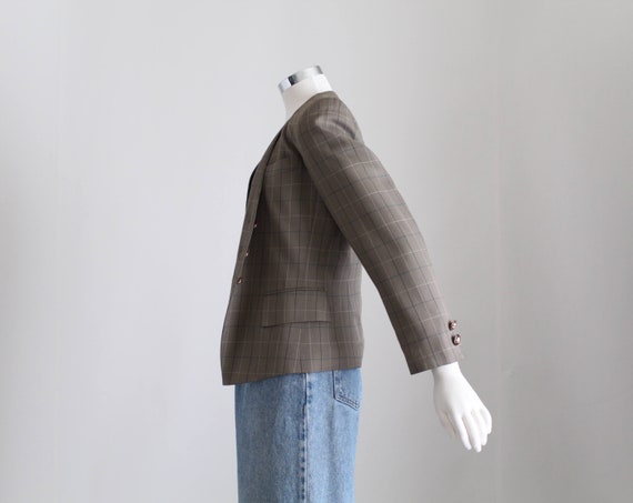 Brown Plaid Blazer, Women Collarless Blazer, Vint… - image 7