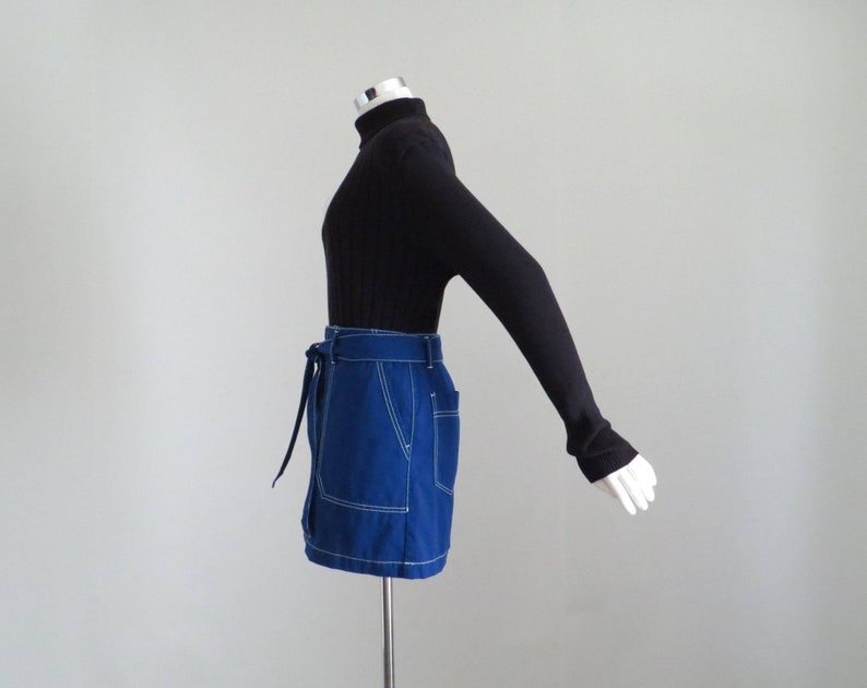 Y2K A-Line Skirt 90s Hip Hop Skirt Cobalt Blue Skirt Womens Contrast Stitch Skirt Fabric Belt Tie Skirt Medium Aesthetic Mini Skirt