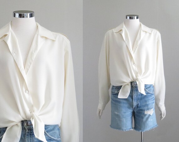 Vintage Cream Blouse, Womens Romantic Shirt, 80s B
