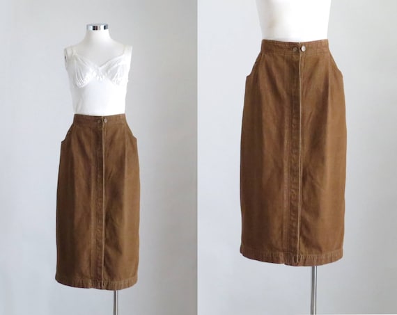 Brown Midi Skirt, Women 80s Pleated Skirt, Denim S