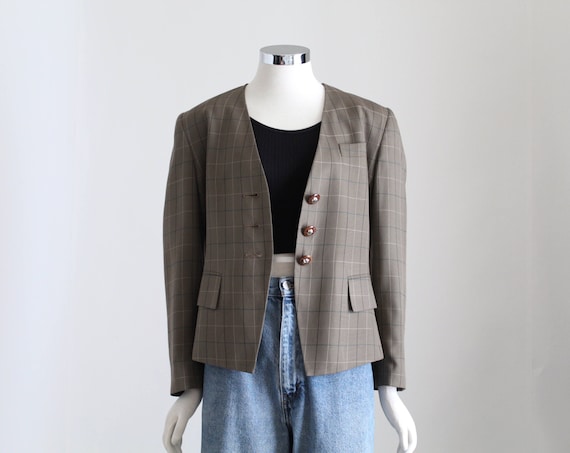 Brown Plaid Blazer, Women Collarless Blazer, Vint… - image 1