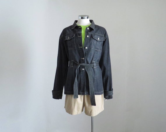 Black belted denim best sale jacket