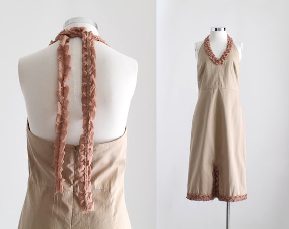 Y2K Dress, Womens 90s Shelf Bra Dress, Indie Sleeve Aesthetic Halter Dress,  Frilly Dress, Brown Mini Dress, Apron Dress, Small Top XS Bottom 