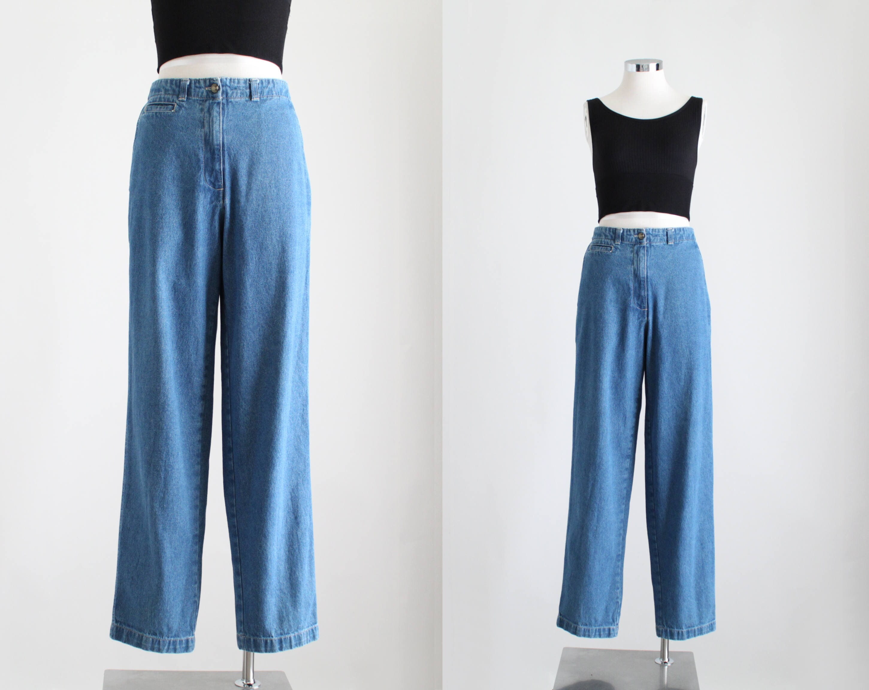 Casual elastic high waist denim wide leg pants sales