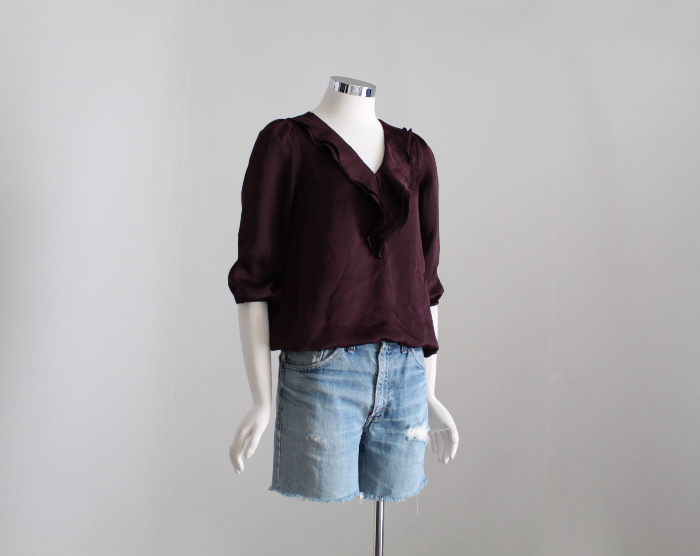 Satin Ruffle Blouse Womens Puff Sleeve 