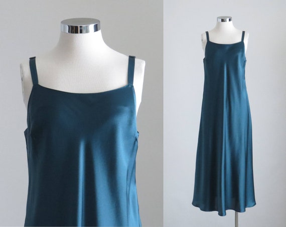 Green Satin Slip Dress, Womens Minimalist Maxi Sli
