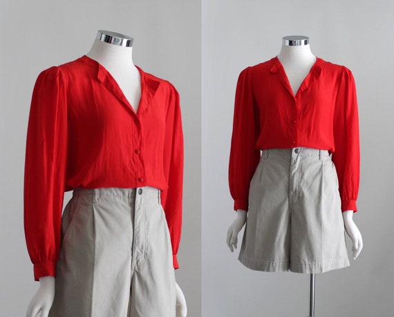 Red Silk Blouse, Womens Red Silk Shirt, Silk Butt… - image 1