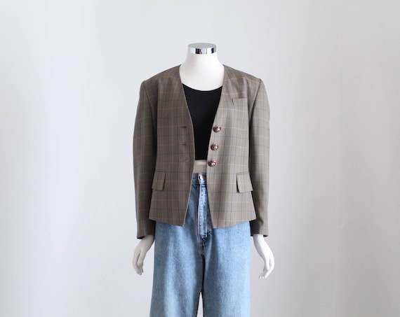 Brown Plaid Blazer, Women Collarless Blazer, Vint… - image 2