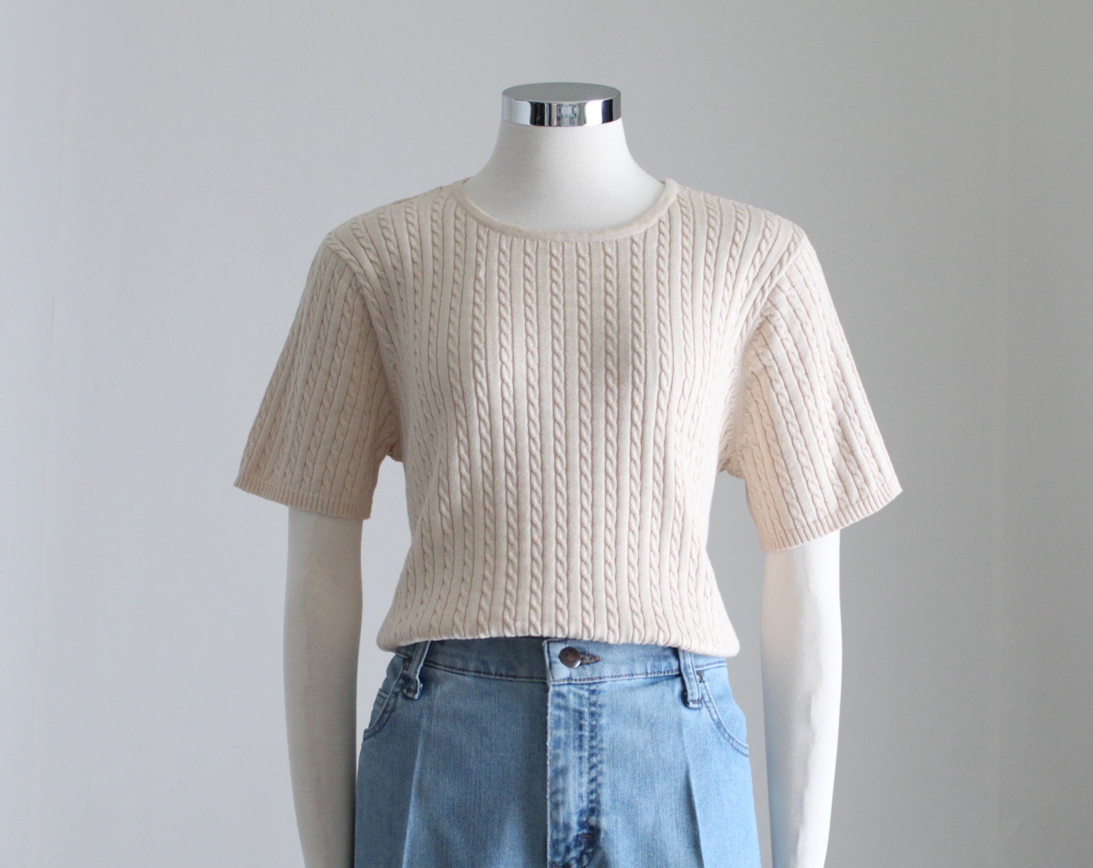 Cream Short Sleeve Knit Top Womens 90s Knitted Top Short Etsy