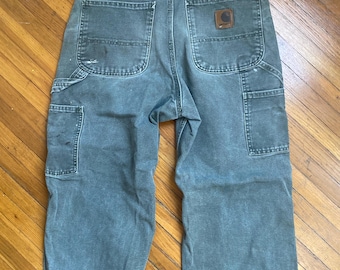 Pantalones Carhartt de lona, estilo carpintero, color verde descolorido, corte overol, estilo desgastado, de principios de la década de 2000, talla 31 x 32.