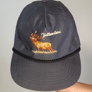 Vintage Yellowstone Flat Brim Rope Hat / Dark Blue Nylon / Embroidered Adjustable Trucker KC Brand