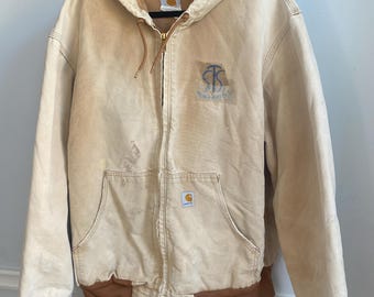 Vintage Y2K Workwear Tan Brown Carhartt Canvas Hooded Jacket Thermal Liner Distressed