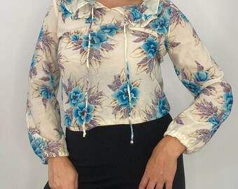 Floral 1960s 70s Vintage Sheer Blouse