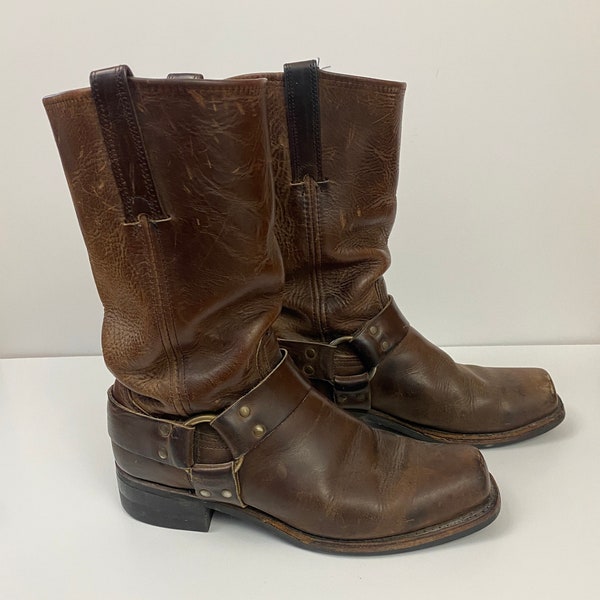 Vintage Brown Leather Frye Harness Boots /size approx 11-12/ Motorcycle cowboy square toe