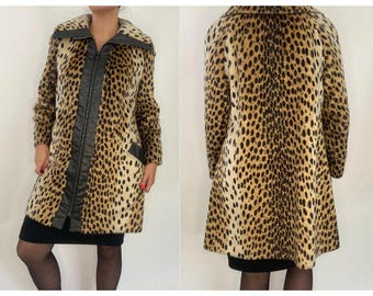 Vintage 1960s Faux Pony Cheetah Leopard Print Coat Swing Coat With Pleather Trim