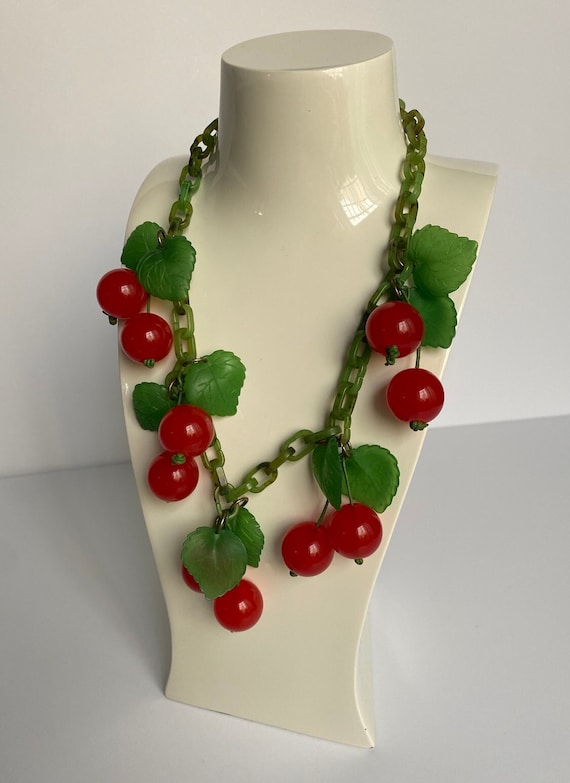 Vintage French Red Cherry Necklace - Bakelite Gala
