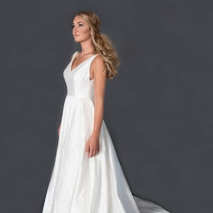SAMPLE SALE! -Ava- Raw silk V-neck wedding gown with full high-low skirt and pockets