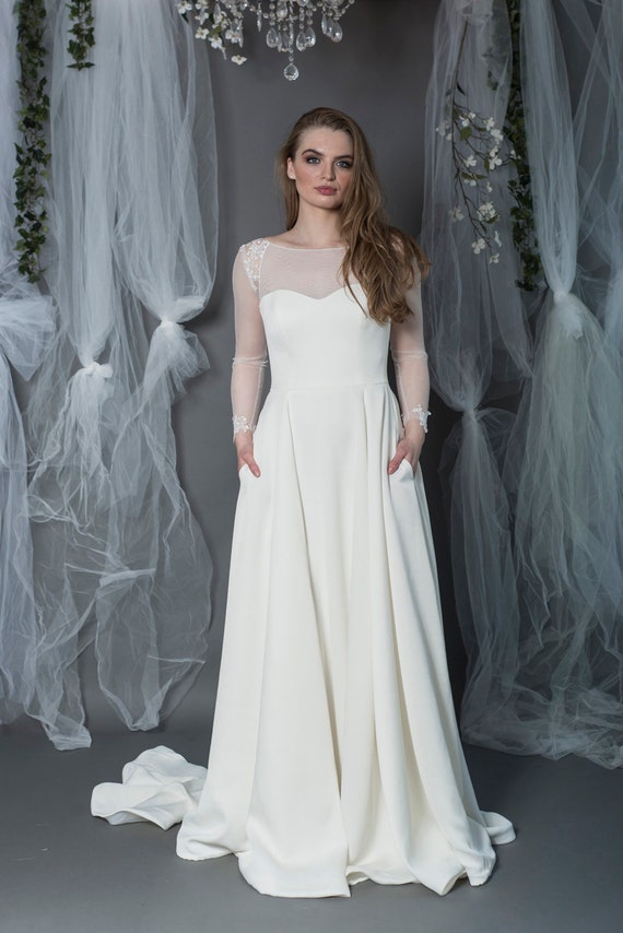 Wisteria- Wedding Dress With Long Sleeves, Sweetheart Illusion Neckline ,  Lace Details and Pockets - Etsy