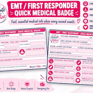 Op de afbeelding: Een tweedelige set medische noodkaarten voor hulpverleners in roze en wit. De kaarten bevatten velden voor de naam van het kind, geboortedatum, luchtwegen, allergieën, noodinstructies, diagnoses, medicatie en belangrijke contactgegevens.