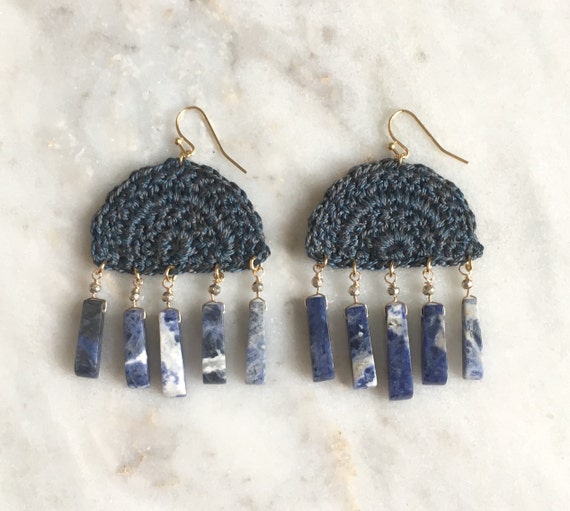 Dark teal blue half moon handmade crochet earrings, sodalite semi-precious