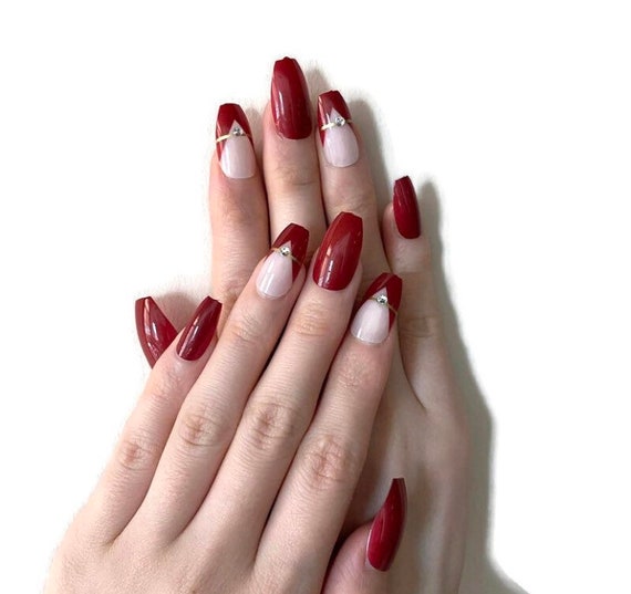 Red Coffin Fake Nails Crimson Red Long Fake Nails Press On Etsy