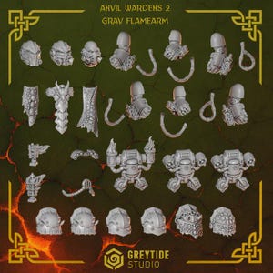 Könnte beinhalten: Eine Auswahl grauer Miniaturfiguren und Komponenten, darunter Helme, Rüstungsteile und Roboterfiguren. Der Text "ANVIL WARDENS 2 GRAV FLAMEARM" steht oben, mit dem Logo "GREYTIDE STUDIO" unten. Der Hintergrund ist dunkelgrün mit einem feurigen Muster.