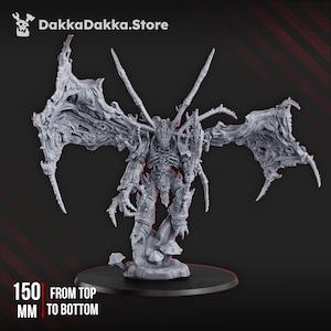 May include: A grey unpainted miniature figure of a winged creature with sharp claws and armor, standing on a base with small mushroom shapes. The text DakkaDakka.Store is visible at the top, and 150 MM FROM TOP TO BOTTOM is printed at the bottom.