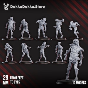 Könnte beinhalten: Eine Sammlung von zehn grauen Zombie-Modellen, jeweils auf schwarzen Sockeln und in unterschiedlichen Posen. Die Modelle sind etwa 2,9 cm hoch. Das DakkaDakka.Store-Logo ist sichtbar. Der Text "10 MODELS" steht unten rechts.