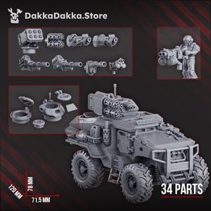 May include: A grey model of an armoured vehicle with large tyres, a gun turret, and various weapon components. The image includes a soldier figure and the text "34 PARTS". Dimensions are 12 cm, 7.8 cm, and 7.15 cm.