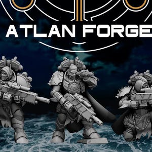 May include: Three detailed, gray miniature figures of armored soldiers holding rifles, set against a dark blue background with the text "ATLAN FORGE" at the top. The figures are in a battle-ready stance.