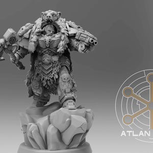 May include: A grayscale figurine of a warrior in ornate armor, wielding a hammer and axe. The figure is adorned with a bear pelt and stands on a rocky base. The image includes the "ATLAN FORGE" logo.
