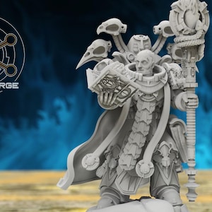 May include: A detailed, gray figurine of a robed figure holding a book and staff. The figure has a stern expression and is adorned with ornate details, including bird-like skull accents. The Atlant Forge logo is in the upper left corner.
