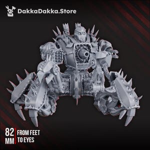 May include: A gray, detailed model of a mechanical war machine with sharp spikes and multiple weapon systems. The text "DakkaDakka.Store" is at the top, and "82 MM FROM FEET TO EYES" is at the bottom. The model is designed with intricate details.