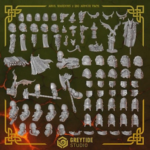 May include: A selection of grey miniature armour pieces, including helmets, shoulder pads, and weapons. The text "ANVIL WARDENS 2 BIG ARMOUR PACK" is at the top. The logo for "GREYTIDE STUDIO" is at the bottom.
