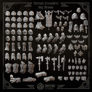 Puede incluir: Una colección de piezas de armadura en miniatura, cascos, armas y escudos. Las piezas son de color gris y están dispuestas sobre un fondo oscuro. El texto "Eternal Crusaders Big Armor" está en la parte superior.
