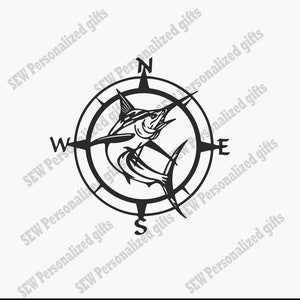 May include: Black and white illustration of a marlin fish jumping out of the water, inside a compass with the directions north, south, east, and west.